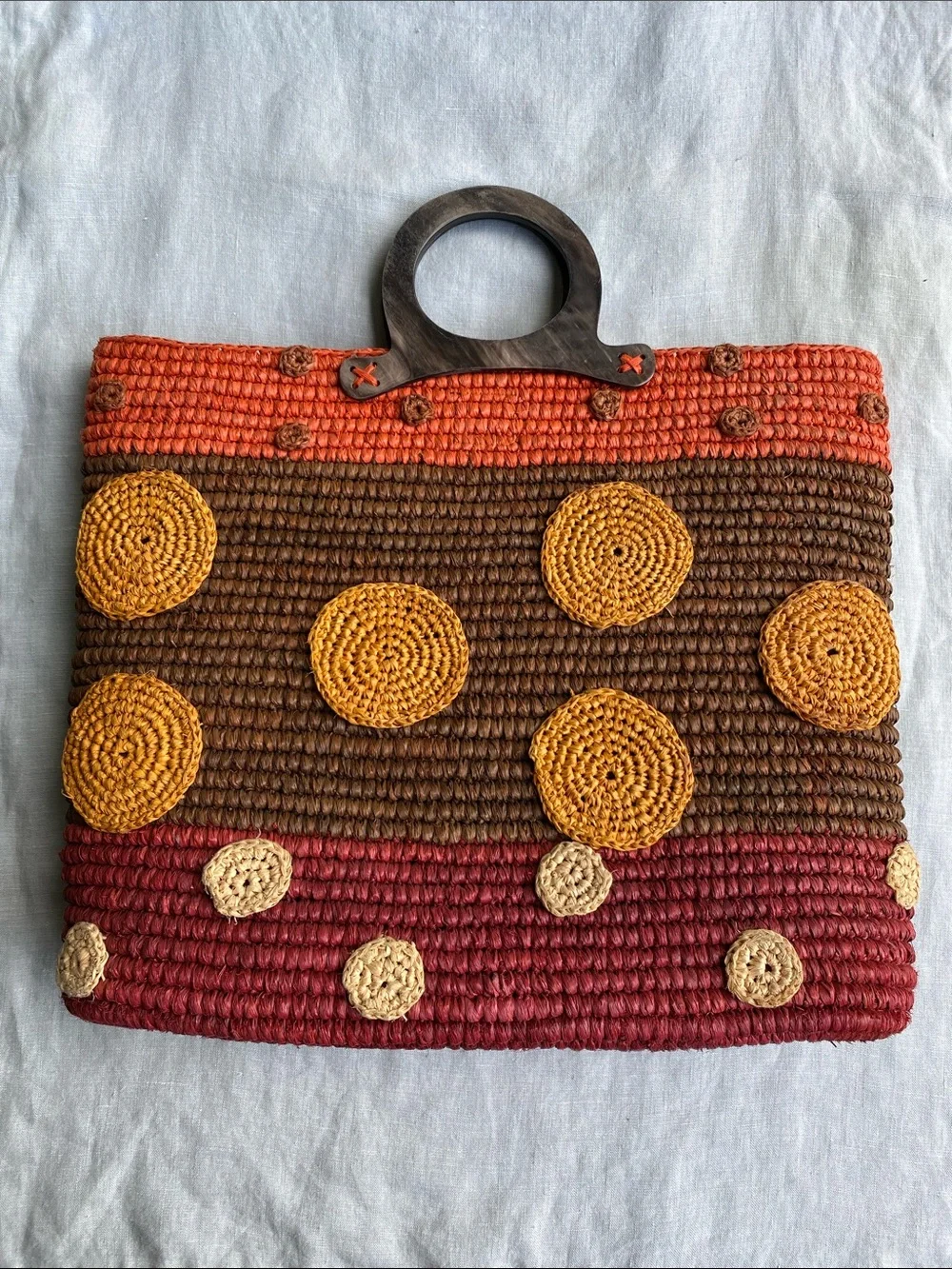 Jamin Puech red brown orange straw raffia horn handle striped dot tote bag